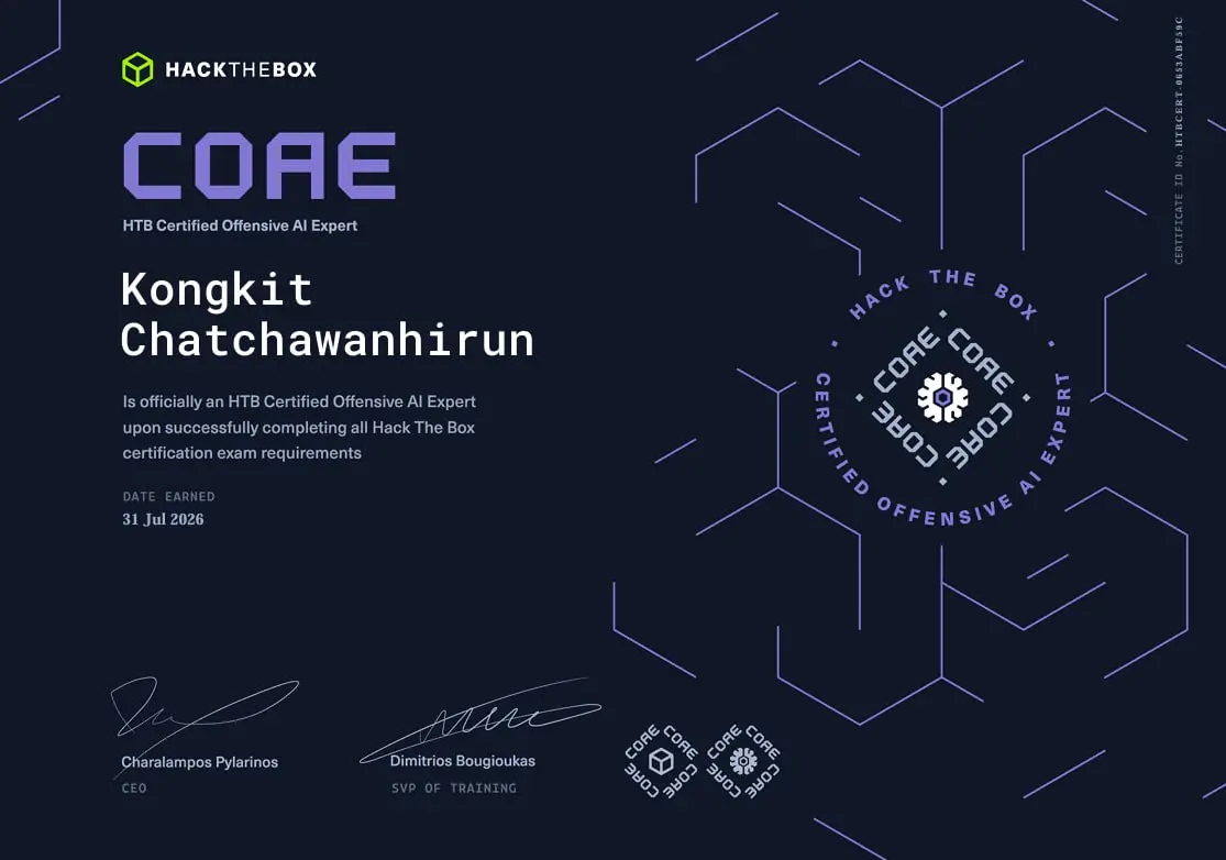 HTB COAE Certificate - Certified Offensive AI Expert certification achievement for Kongkit Chatchawanhirun