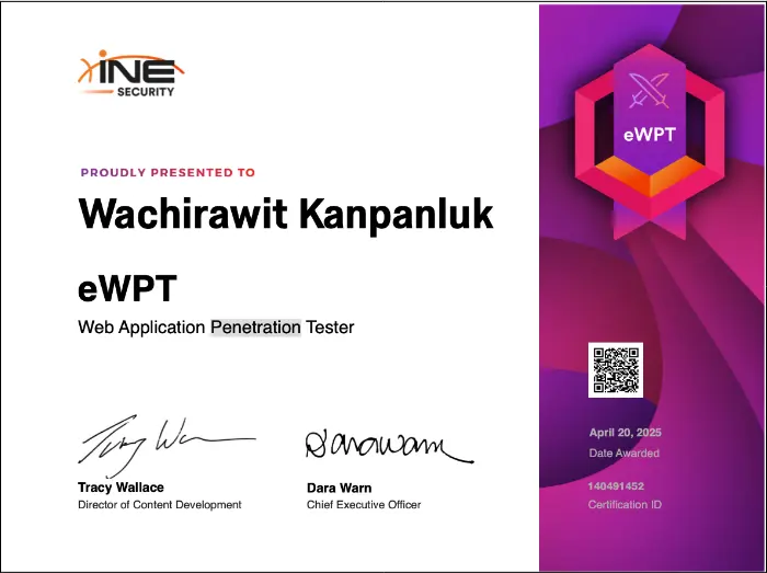 eWPT Certification - eLearnSecurity Web Application Penetration Tester certificate