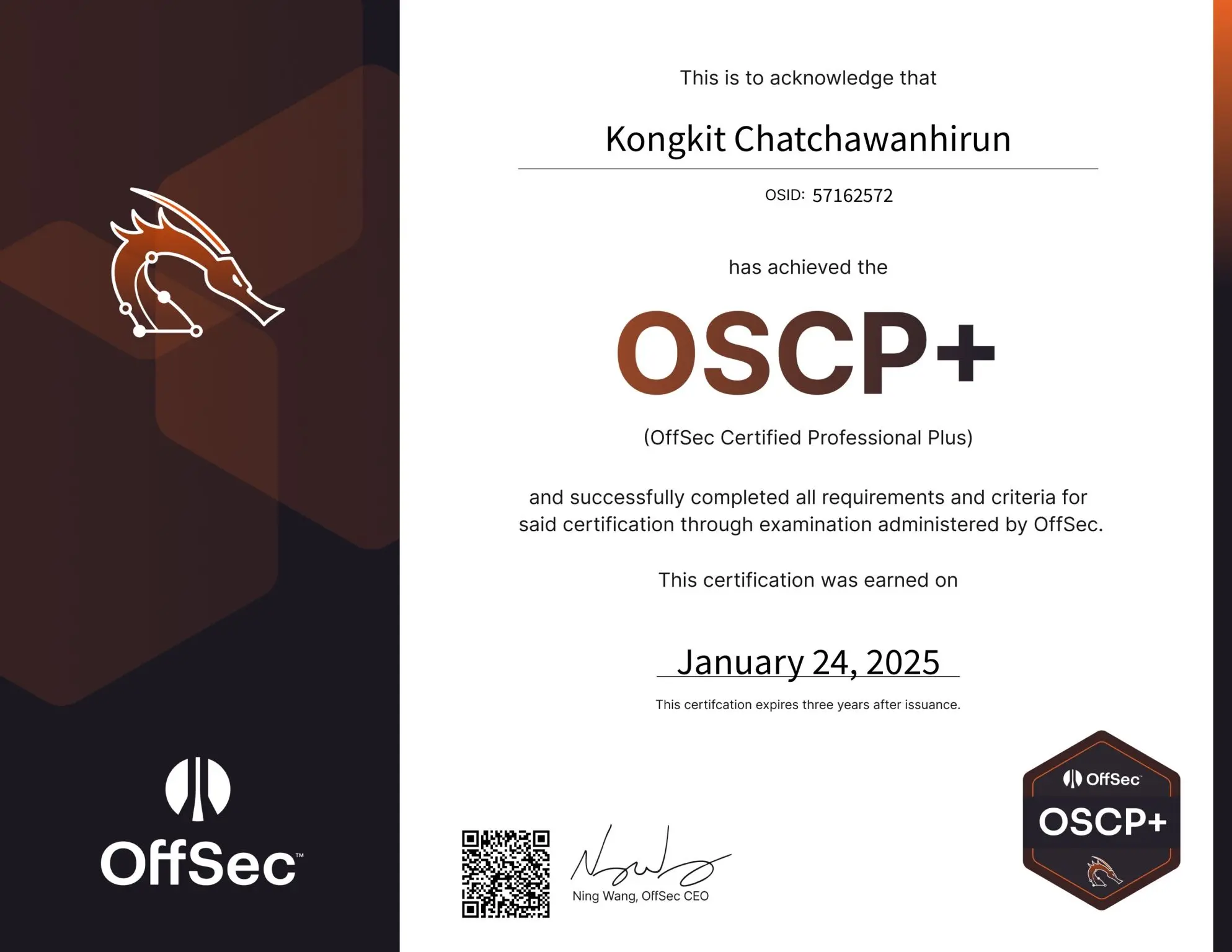 OSCP Certificate - Offensive Security Certified Professional certification achievement