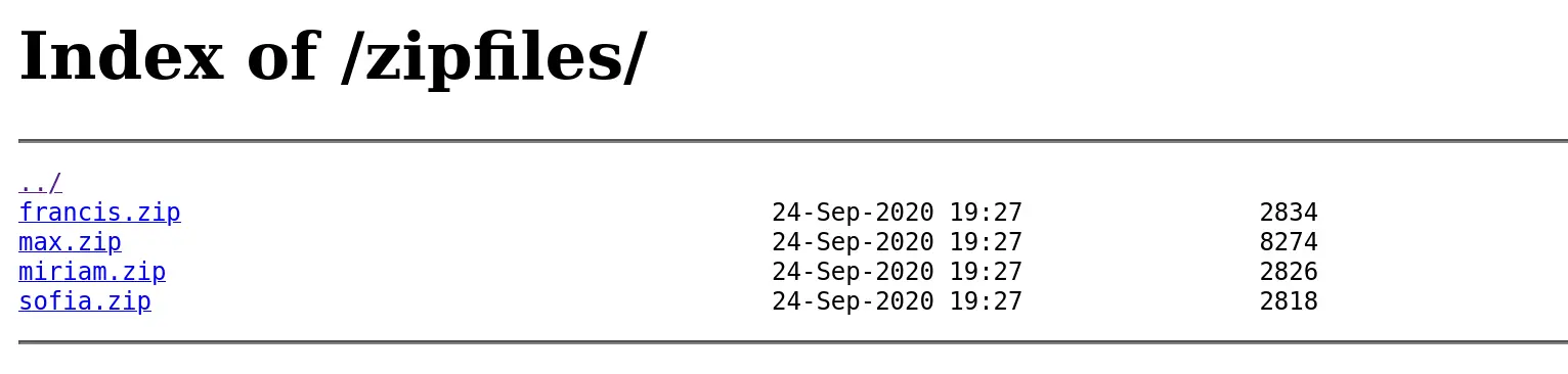 Directory listing of /zipfiles/ showing four user archives